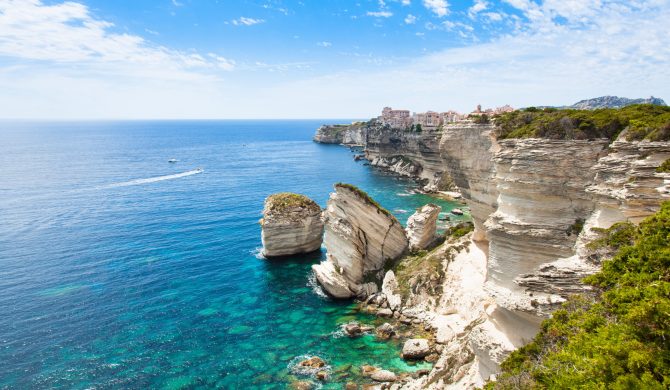 View of Bonifacio old town built on top of cliff rocks, Corsica island, France