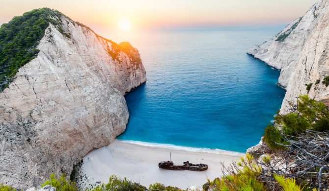 Navagio beach at sunset, Zakynthos, Greece