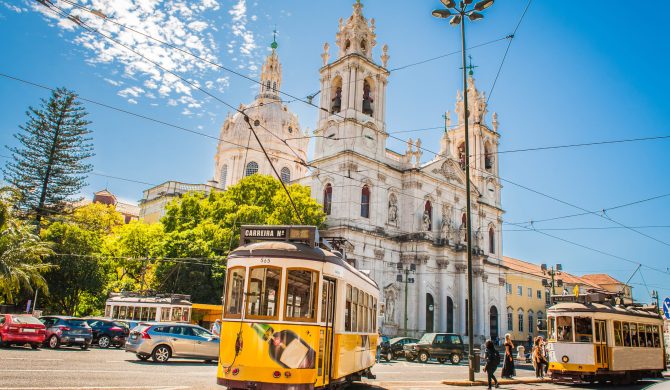 Yellow tram 28 on streets of Lisbon, Portugal