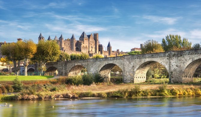 Carcassonne and the Le Pont Vieux bridge viewed from across the