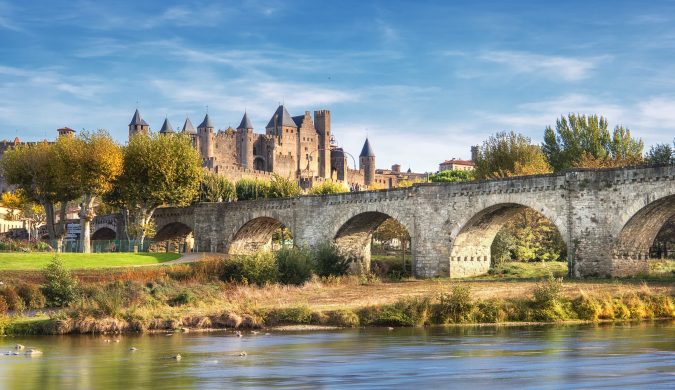 Carcassonne and the Le Pont Vieux bridge viewed from across the