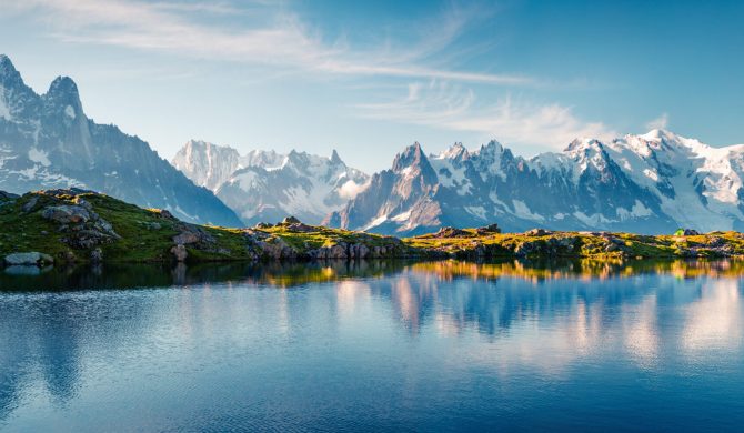 Colorful summer panorama of the Lac Blanc lake with Mont Blanc (Monte Bianco) on background, Chamonix location. Beautiful outdoor scene in Vallon de Berard Nature Reserve, Graian Alps, France, Europe.