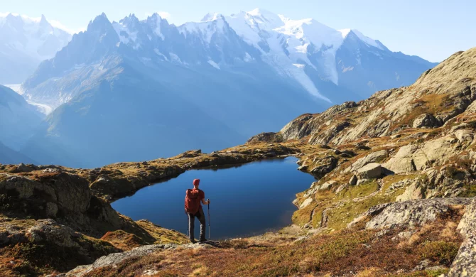 Vue sur le massif du Mont Blanc lors d'une randonnée le long du Tour du Mont Blanc en France.