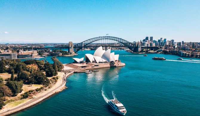 January 10, 2019. Sydney, Australia. Landscape aerial view of Sydney Opera house near Sydney business center around the harbour.