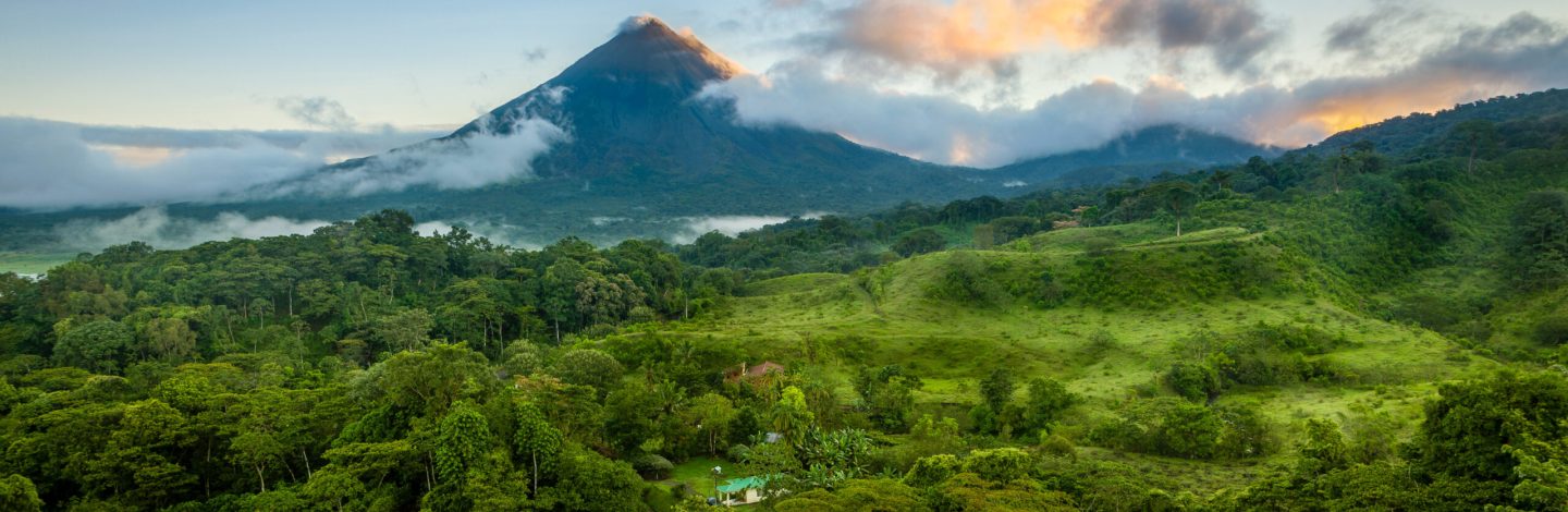 Scenic view of Arenal Volcano in central Costa Rica at sunrise