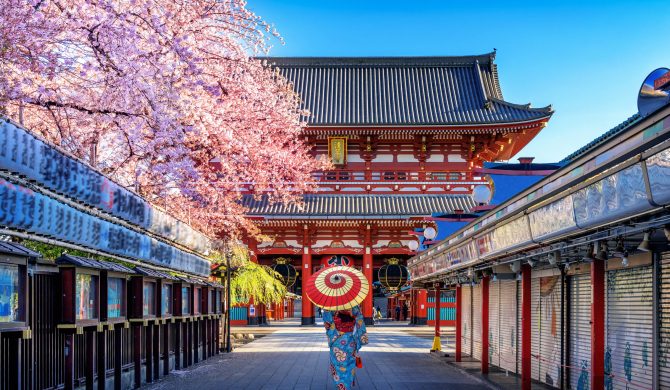 Asian woman wearing japanese traditional kimono at Temple in Tokyo, Japan.