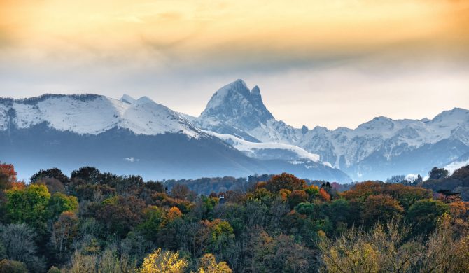 view of Pic du Midi Ossau in autumn, french Pyrenees mountains