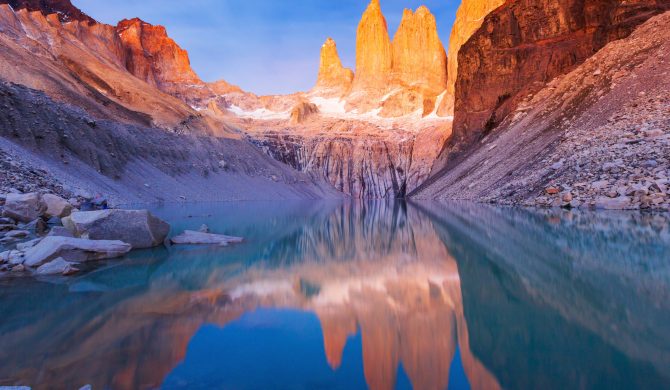 Torres Del Paine National Park, Chile. Sunrise at the Torres lookout.