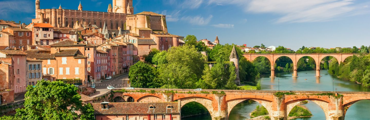 Vue principale sur la Cathédrale d'Albi et des vieux ponts en briques