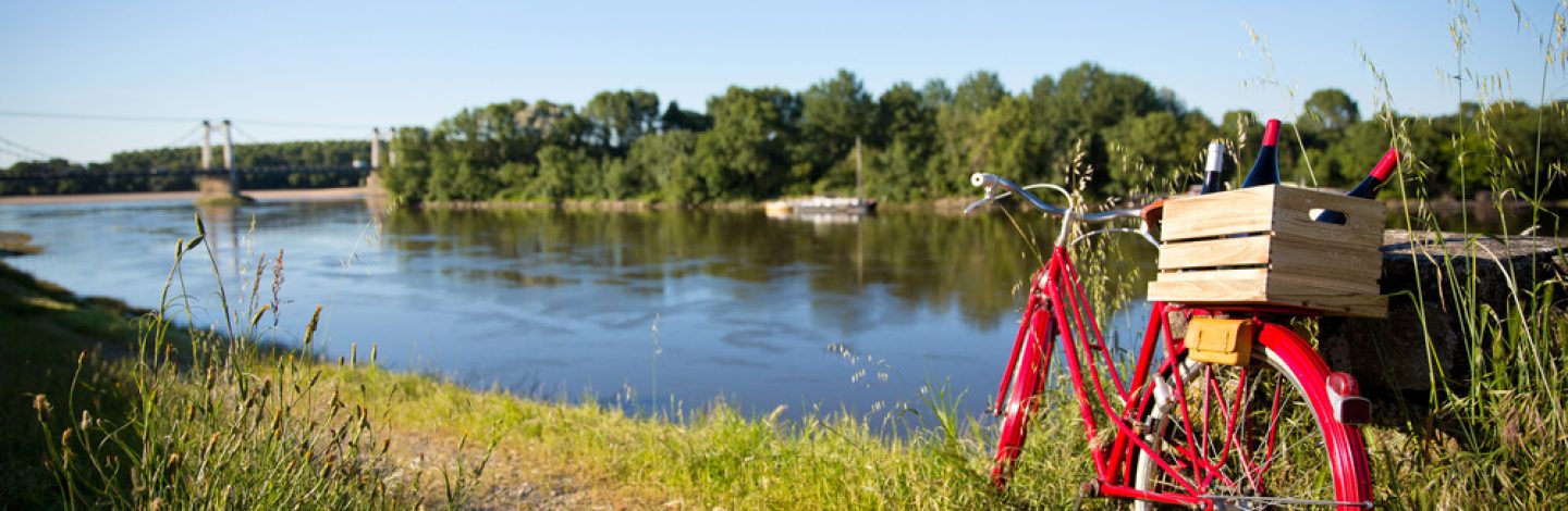Paysage de bord de Loire en Anjou et vieux vélo rouge avec caisse de vin sur le porte bagage.