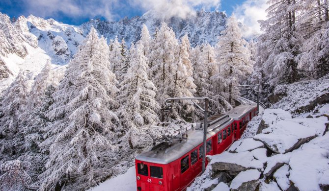 Autumn at Mer de Glace red train in Chamonix French Alps