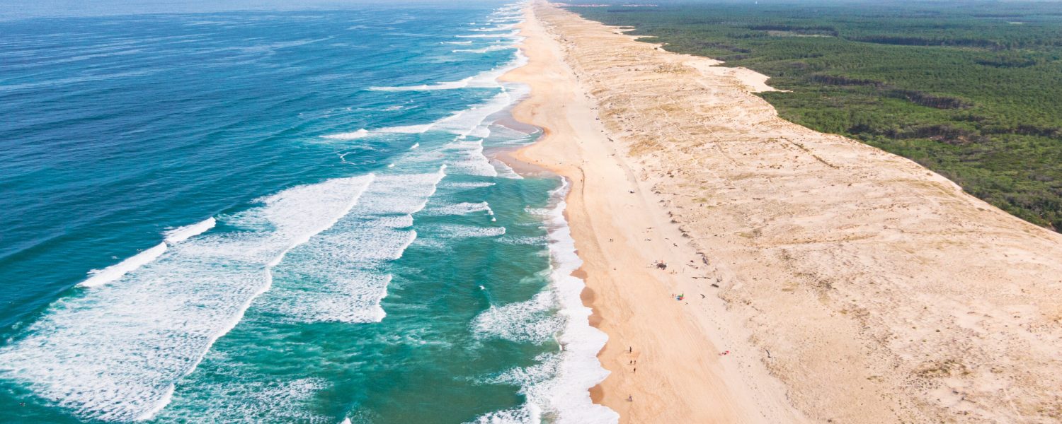 Panoramic view of the beach with waves on the atlantic ocean, seignosse, landes, france