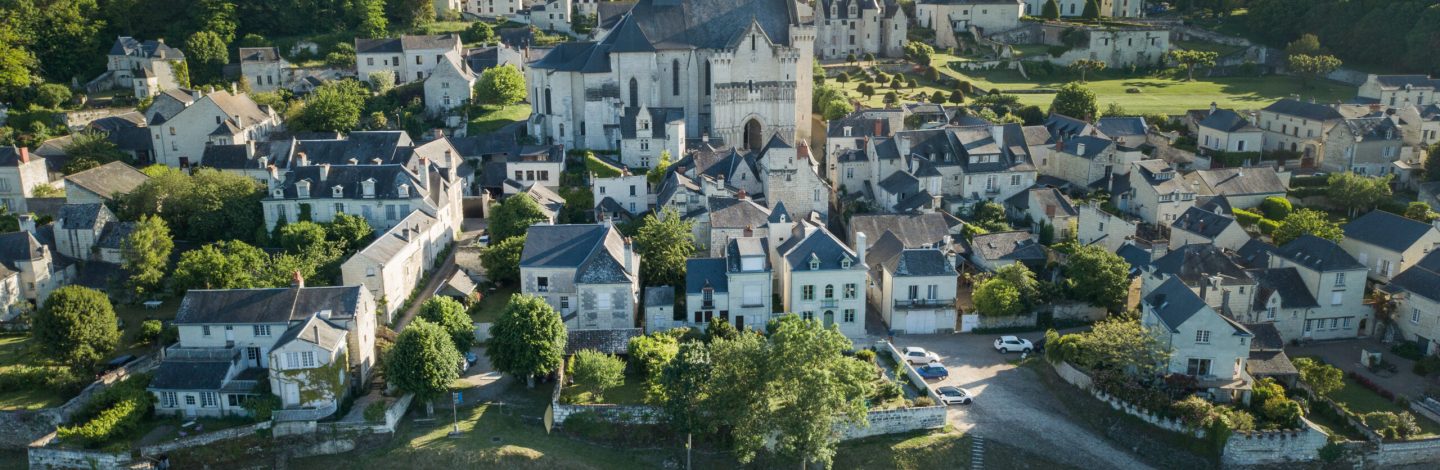 prise de vue aerienne de l'un des plus beau village de france Candes Saint Martin en Indre et Loire avec la Loire en premier plan