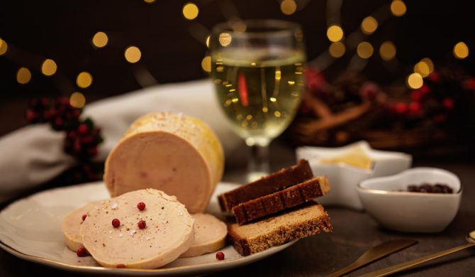 Foie gras, goose liver  traditional french starter for winter holidays celebration. Cristmas appetizer for buffet, festive dinner concept