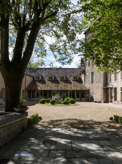 Santenay, France - June 29, 2020: Chateau Santenay with courtyard in the Burgundy, France.