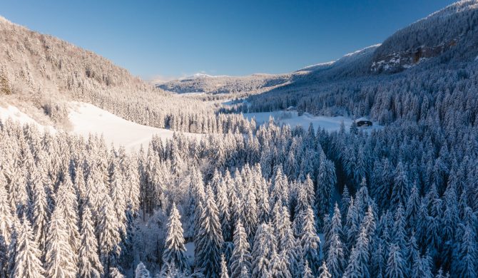 Vue aérienne de vallée de la Valserine (Jura, France), forêt recouverte de neige.