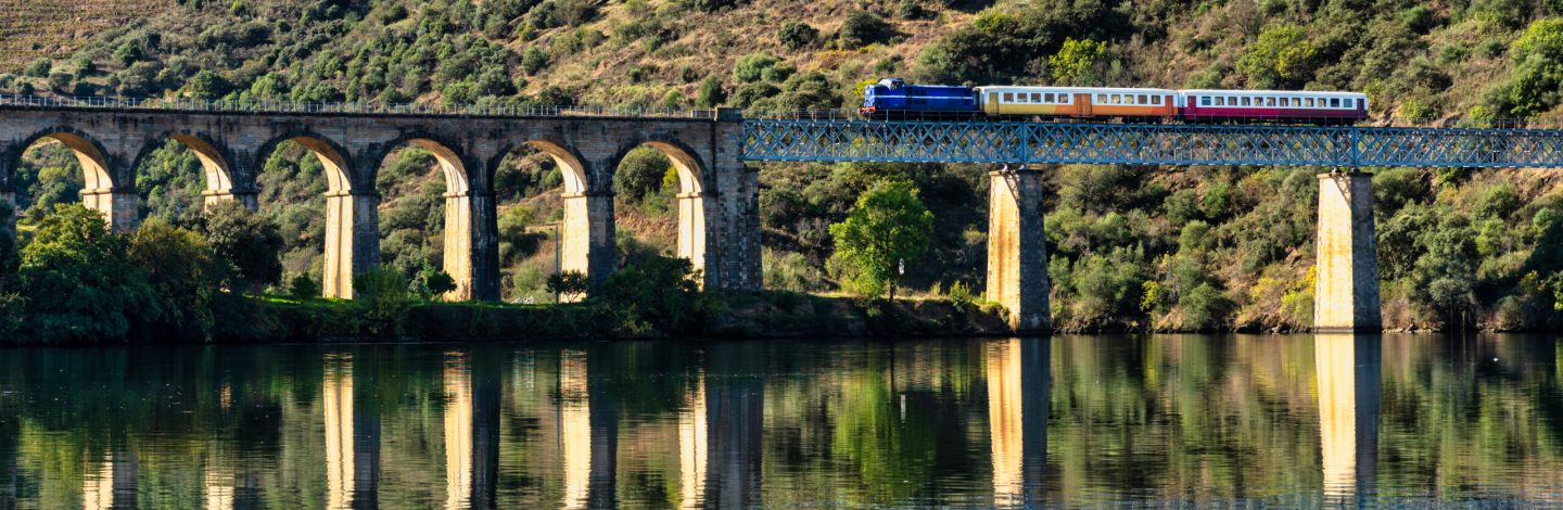 historic train on a bridge of the douro line in the middle of the port wine vineyards