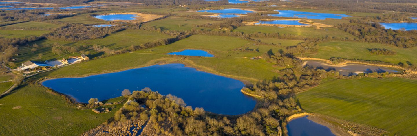 Aerial view of lakes, ponds and meadows in La Brenne nature reserve, France