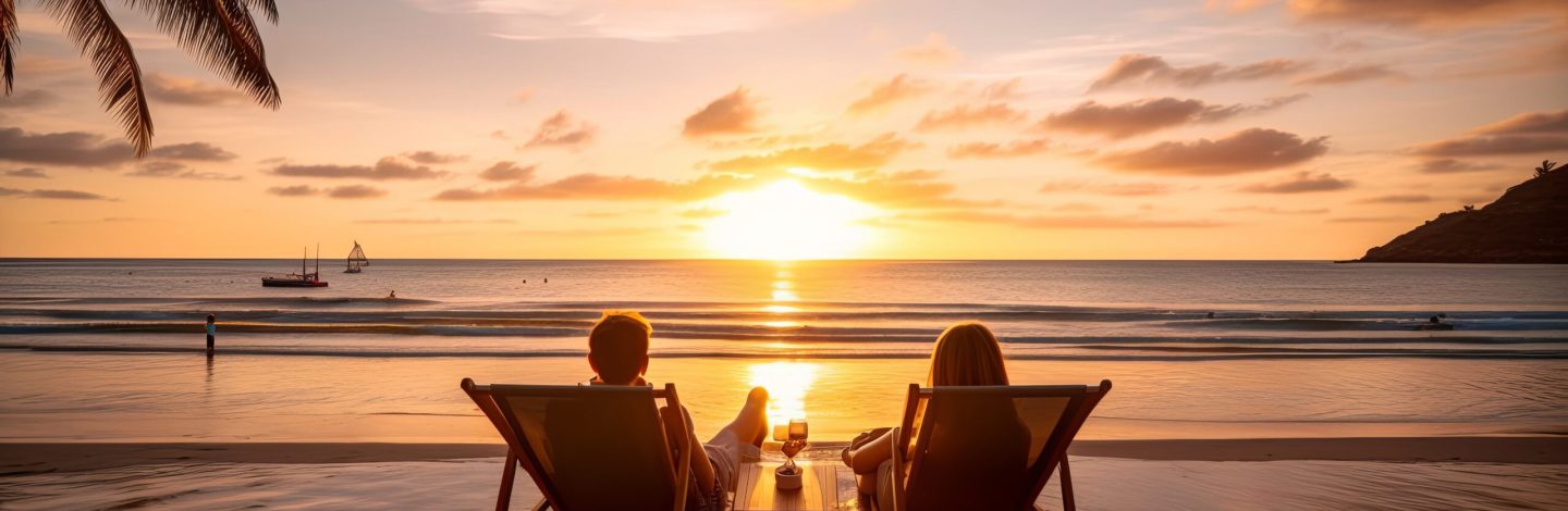 happy couple enjoy luxury sunset on the beach during summer vacations,generative AI digital illustration.