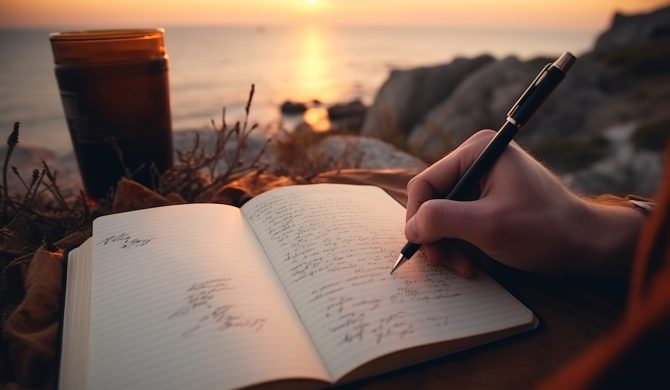 Traveler writing on his journal in front of lake at sunset. Close up shot. Generative AI