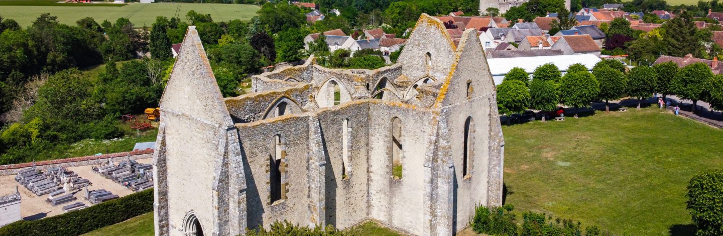 Aerial view of the unfinished Saint Lubin Church in Yèvre-le-Châtel in the French department of Loiret, Centre Val de Loire, France