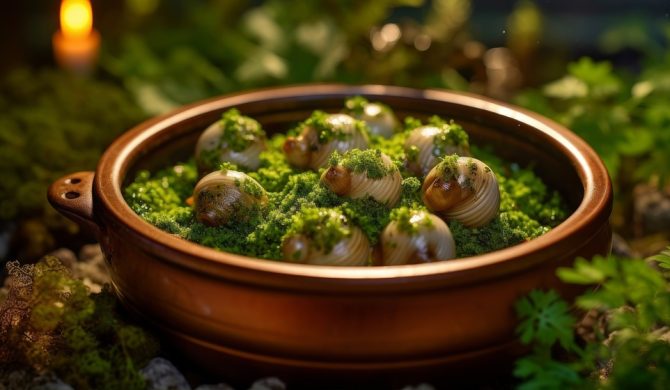 Escargots de Bourgogne in a ceramic snail dish surrounded by fresh herbs