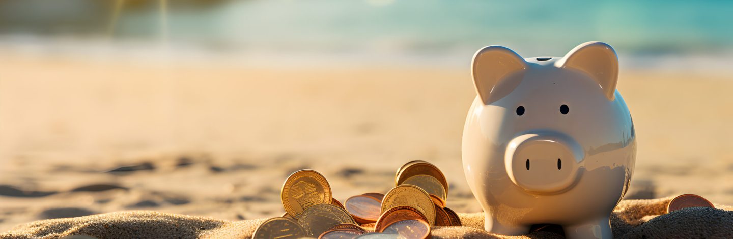 Piggy bank on the beach with coins, savings concept for family or couple vacations