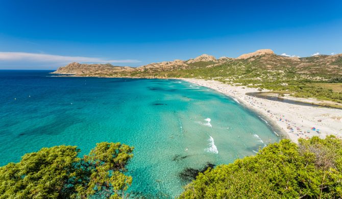 Ostriconi beach with the Desert des Agriates behind in the Balagne region of northern Corsica