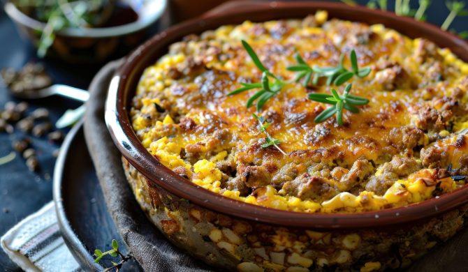 Detailed view of a South African bobotie dish, spiced minced meat with an egg-based topping, traditional recipe, stock photo