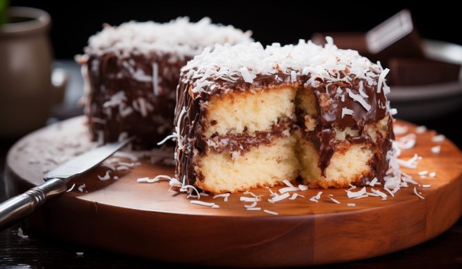 Australian Lamington cake with a square sponge cake dipped in chocolate and rolled in coconut flakes.