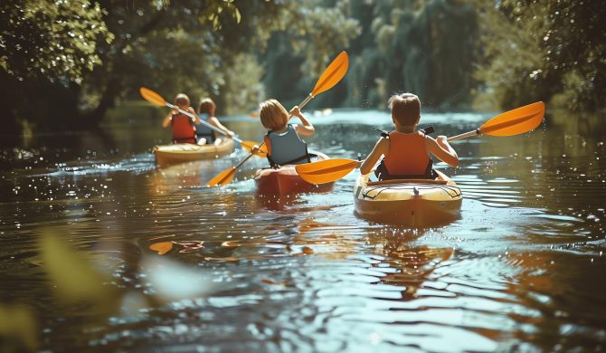 Generative AI : Little children kayaking on river. Summer camp activity