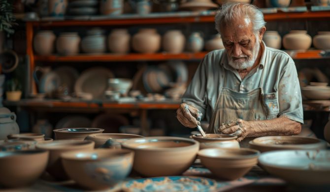 arafed man making a bowl in a pottery shop, old man doing hard work, handmade pottery, old man doing with mask, pottery, shot for pottery magazine, artistic interpretation, an artistic pose, hand built ceramics, clay art, satisfying, carefully crafted, artisan, beginner art, artisanal art, inspired by senior artist, in a workshop. --ar 16:9 Job ID: a271b11d-cda8-48ff-9ff5-a4ca54f4a2fb