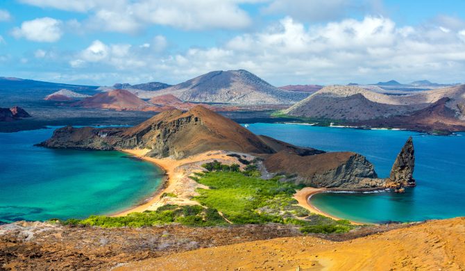 View of two beaches on Bartolome Island in the Galapagos Islands in Ecuador