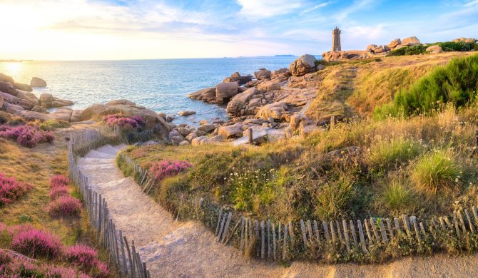 Lighthouse of Ploumanach at the golden hour in Perros-Guirec, Cotes d'Armor, Brittany, France. High quality photo