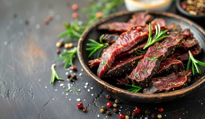 Close-up of a plate of African biltong garnished with fresh rosemary.