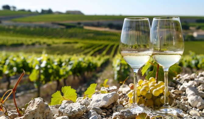 Two glasses of white wine sit among rocks and grapevines in a picturesque vineyard landscape. The lush, green rows of vines stretch into the distance under a clear sky, capturing the essence of wine country. Ideal for themes related to wine tasting, vineyards, and scenic landscapes.