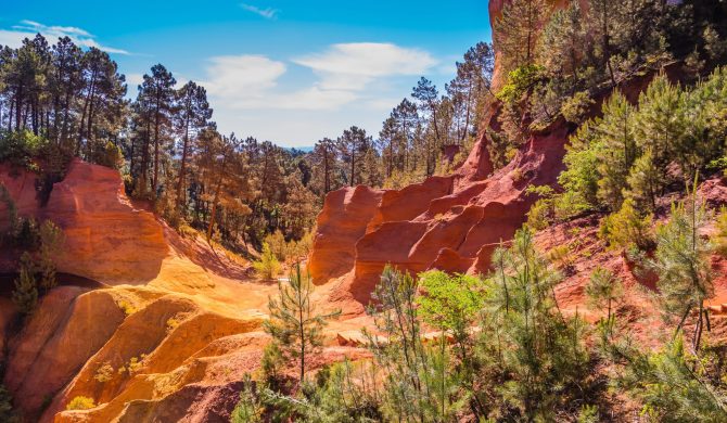 Scenic pit mining ocher - natural dyes. Roussillon, Provence Red Village