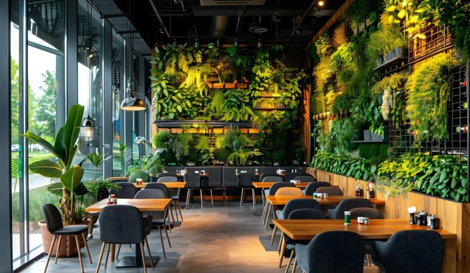 Lush Vertical Herb Garden in a Modern Restaurant Providing Fresh Ingredients for Chefs Directly from the Dining Area Showcasing a Unique Vertical Farming Concept in a Cozy and Inviting Atmosphere