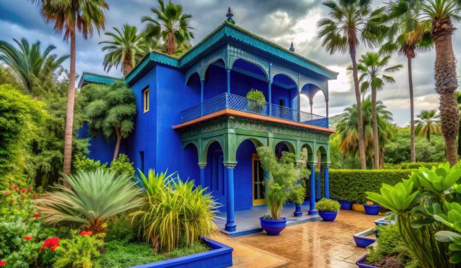 Majestic blue house amidst lush greenery in Marrakech's Majorelle Garden, with ornate architectural details, on a serene cloudy day, evoking serenity and tranquility.