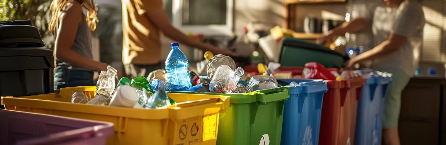 Famille en vacances zéro déchet triant les déchets dans une poubelle de tri écologique.